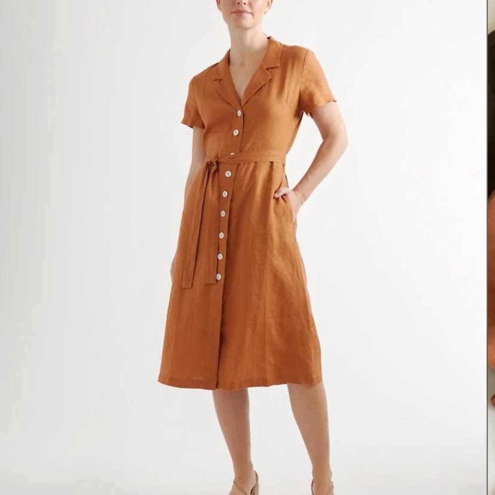 Quince Rust Button-Down Midi Dress 100% European Linen